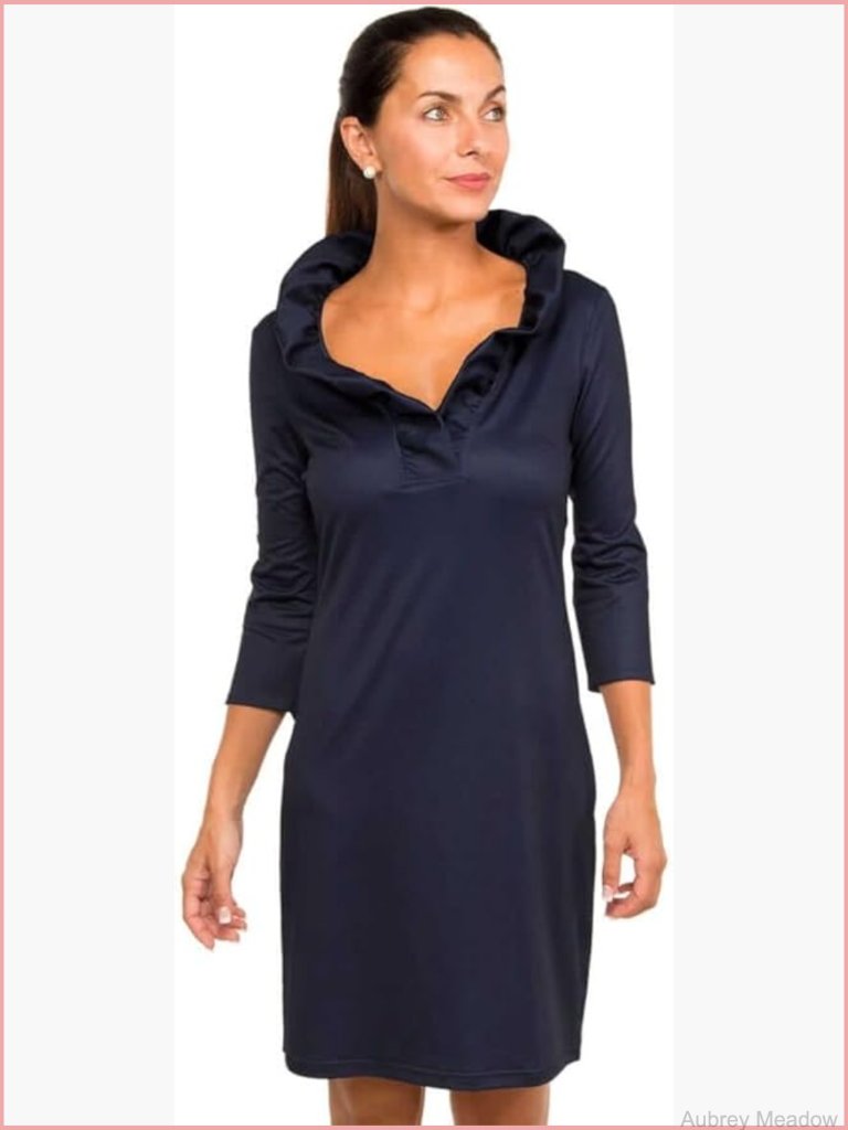 Designer Sheath Dress With 3/4 Sleeves & Ruffled Neck